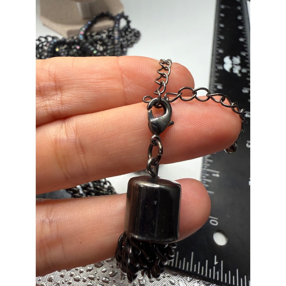 Gunmetal Multi Strand Statement Necklace Black Iridescent Beaded Layered Chain - Picture 4 of 5